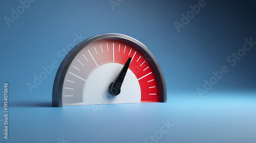 Minimalist speed dial reaching maximum performance level, abstract speedometer gauge display with red zone on blue background, high velocity concept