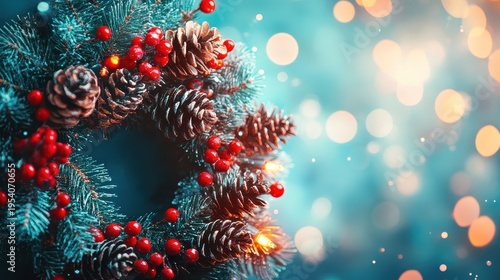 Wallpaper Mural Festive Christmas Wreath Adorned with Pinecones and Red Berries, Featuring Soft Bokeh Lights for a Warm Holiday Ambiance. Torontodigital.ca