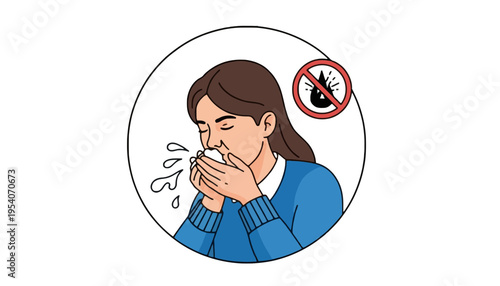 Allergy woman blowing nose in a circular illustration with a no smoking sign