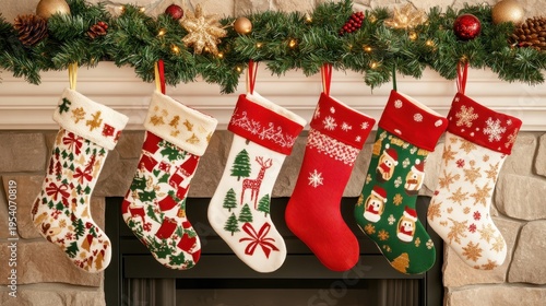 Wallpaper Mural Four colorful Christmas stockings with festive holiday designs hanging from a decorated evergreen garland above a fireplace mantel Torontodigital.ca