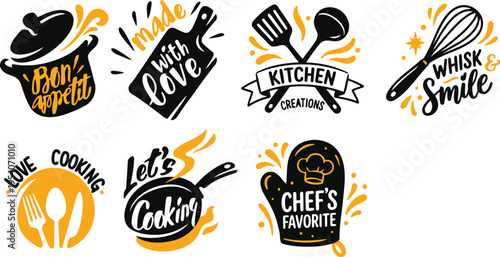 A collection of charming black and orange kitchen themed badges for culinary enthusiasts and food lovers