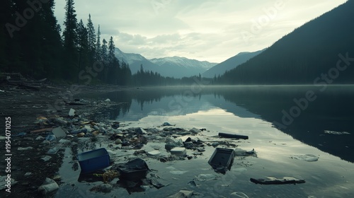 Wallpaper Mural Garbage floating on a polluted lake surface near mountains after heavy rain, showcasing environmental degradation. Torontodigital.ca