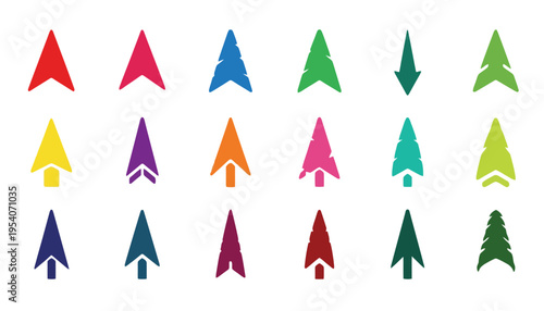 A colorful tree icon set in various shapes and vibrant hues