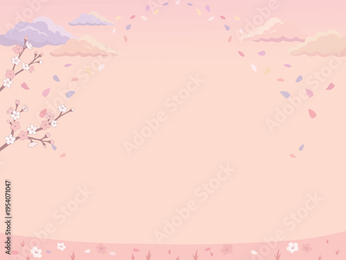 Soft pastel background with blooming cherry blossom branches, floating petals and gentle clouds. Calm seasonal composition perfect for spring designs, invitations and feminine layouts.