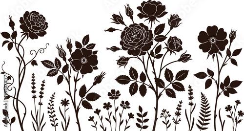 Elegant black silhouettes of blooming roses and various garden flowers create a charming botanical border design