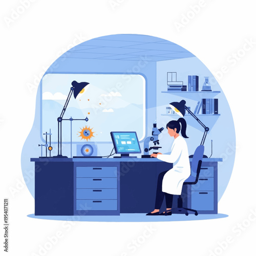 Female Scientist Working with Microscope and Computer in a Modern Biotechnology Laboratory