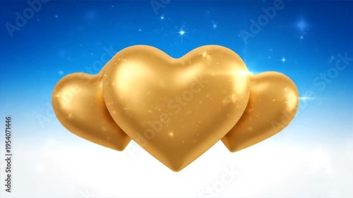 Three golden hearts floating against a bright blue sky background