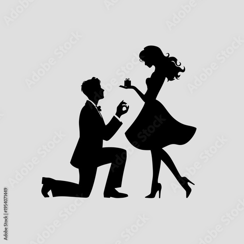 A romantic silhouette of a man kneeling to propose marriage to a woman with a small gift in hand isolated on white background, Vector, illustration