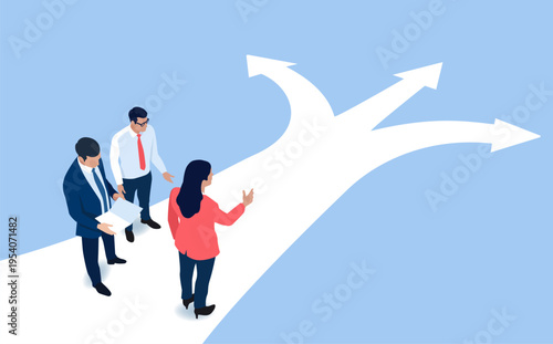 Choosing a path. Team chooses the best path, solution. Business vector illustration concept.