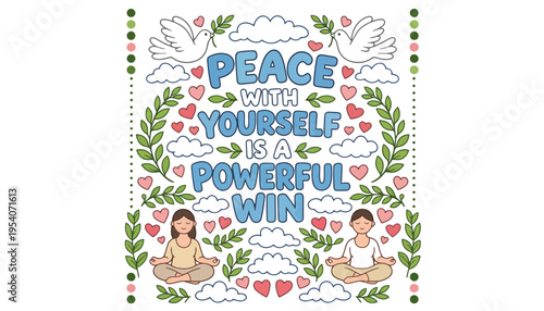 Peaceful illustration of people meditating with inspirational quote about self peace