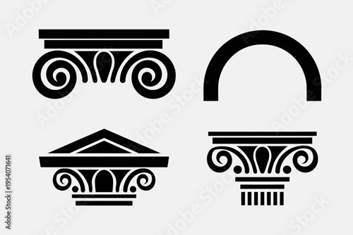 A collection of architectural elements featuring ionic column capitals and a classic stone archway isolated on white background, Vector, illustration