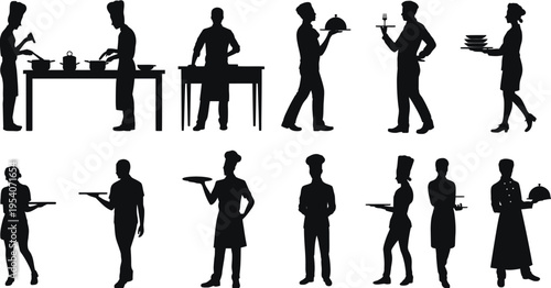 A collection of black silhouettes showing professional chefs and restaurant staff in various poses isolated on white background, Vector, illustration