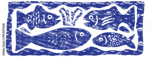 Blue cobalt linocut fish vector panel: vintage woodcut marine scene with swimming fish, algae and waves. Nautical sea ocean border in hand drawn ink stamp style for folk art and rustic design poster