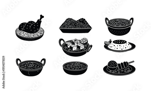 Vintage style illustration of traditional dishes and food items in decorative plates and bowls