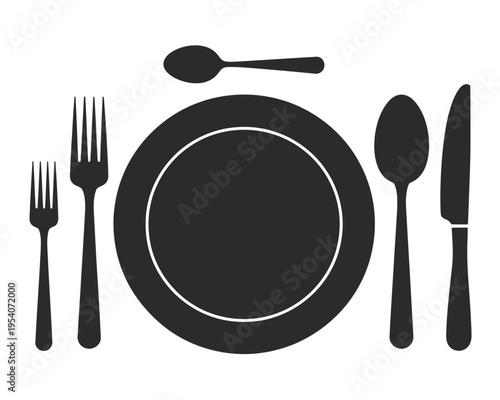 A black silhouette illustration showing a formal table setting with a plate and various utensils isolated on white background, Vector, illustration