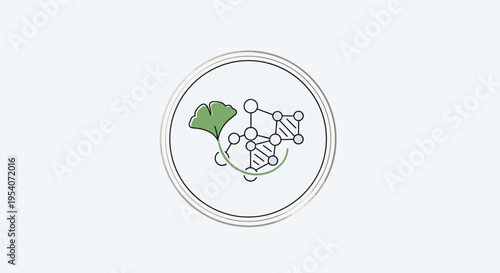 Circular Icon with Ginkgo Leaf Molecular Structure and DNA Helix in Bright Studio