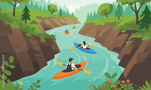 Family kayaking adventure in scenic river canyon with lush greenery and clear blue water summer landscape illustration