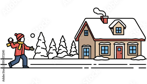 A cartoon boy throwing snowballs in front of a house in winter