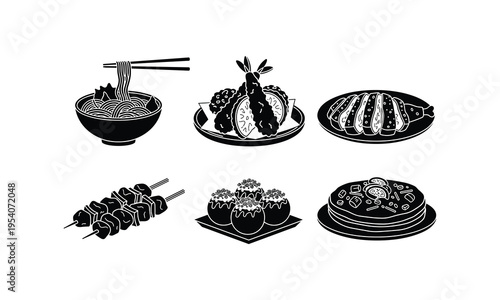 Delicious assortment of iconic east asian street food dishes illustrated in black and white