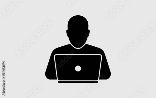 A minimalist black icon of a person sitting and working on a laptop computer for digital interface isolated on white background, Vector, illustration