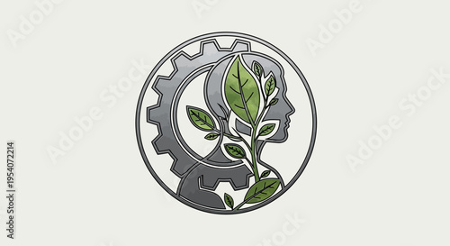 Human Head Profile with Gear and Green Branch, Representing Environmental Thinking and Sustainable Innovation in a Bright Studio