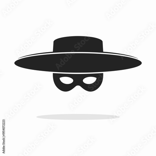 A minimalist black icon featuring a wide brimmed hat combined with a mysterious bandit face mask isolated on white background, Vector, illustration