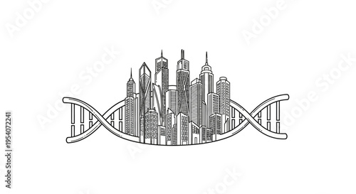 City Skyline Merged with DNA Double Helix Structure, Representing Urban Genetics and Modern Development on an Isolated White Background