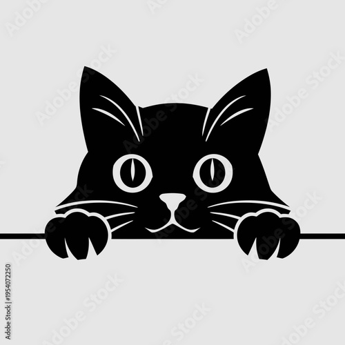 A minimalist black silhouette graphic featuring the curious face of a cat peeking over a ledge isolated on white background, Vector, illustration