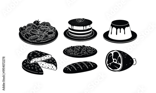 Whimsical black and white illustrations of various desserts and baked goods