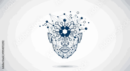 Futuristic Human Head with Digital Network Connections on a Light Gray Background, Representing AI and Big Data Concept