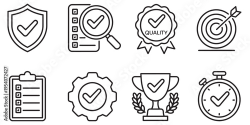 Quality control and assurance line icon set, standard certification, compliance, guarantee, achievement, target goals, vector symbols, business, process, quality, inspection icons