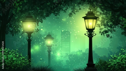 Ornate street lanterns illuminate a misty, enchanted park with glowing foliage and distant city skyline