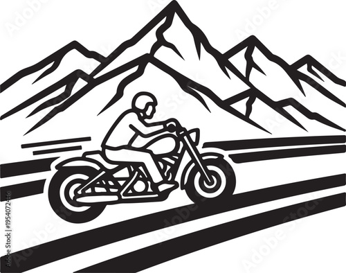 A minimalist black and white line art illustration of a motorcyclist riding past mountains