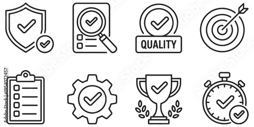 Quality control and assurance line icon set, certification, compliance, guarantee, achievement, goal, vector symbols, business process, inspection, standard, approval