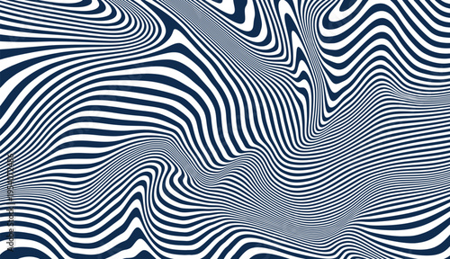 Abstract vector psychedelic wavy lines fluid topographic pattern. Navy blue and white fluid topographic pattern.