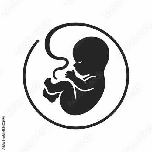 Minimalist black silhouette icon of a human fetus developing inside the womb in a circular frame isolated on white background, Vector, illustration