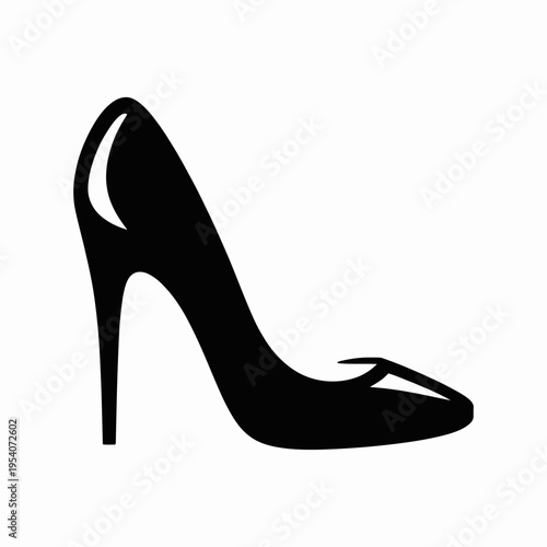 A minimalist black silhouette graphic of an elegant high heel shoe featuring a sharp stiletto heel isolated on white background, Vector, illustration