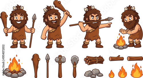 Cartoon Caveman Character Set with Stone Age Tools Fire Spear Club and Prehistoric Survival Elements for Game Design Illustration Collection