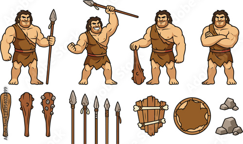 Strong Caveman Warrior Character Set with Spear Club Stone Weapons Shield and Prehistoric Survival Elements for Game Design Illustration Collection