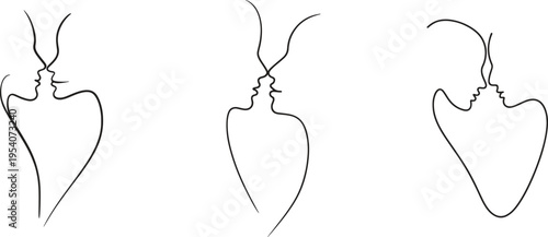 Three abstract continuous line drawings depict a loving kiss between two faces.