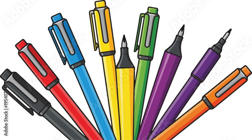 A vibrant assortment of colorful felt tip pens arranged in a semi circular fan on white background