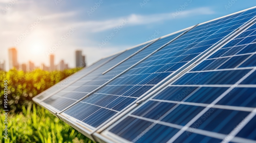 Fototapeta premium Solar panels generating renewable energy on a clear day with an urban skyline in the background