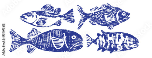 Blue linocut fish set: vintage woodcut vector illustrations of freshwater carp, perch and bass, nautical marine life in cobalt hand drawn ink stamp style for sea river folk art and design