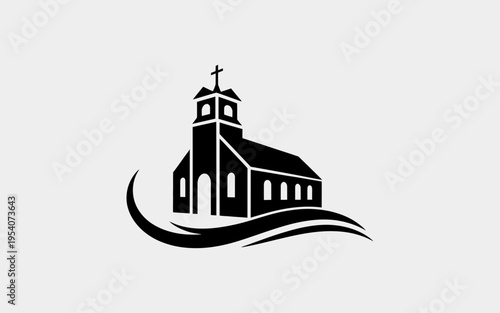 A minimalist black silhouette logo design of a traditional church building with a classic cross isolated on white background, Vector, illustration