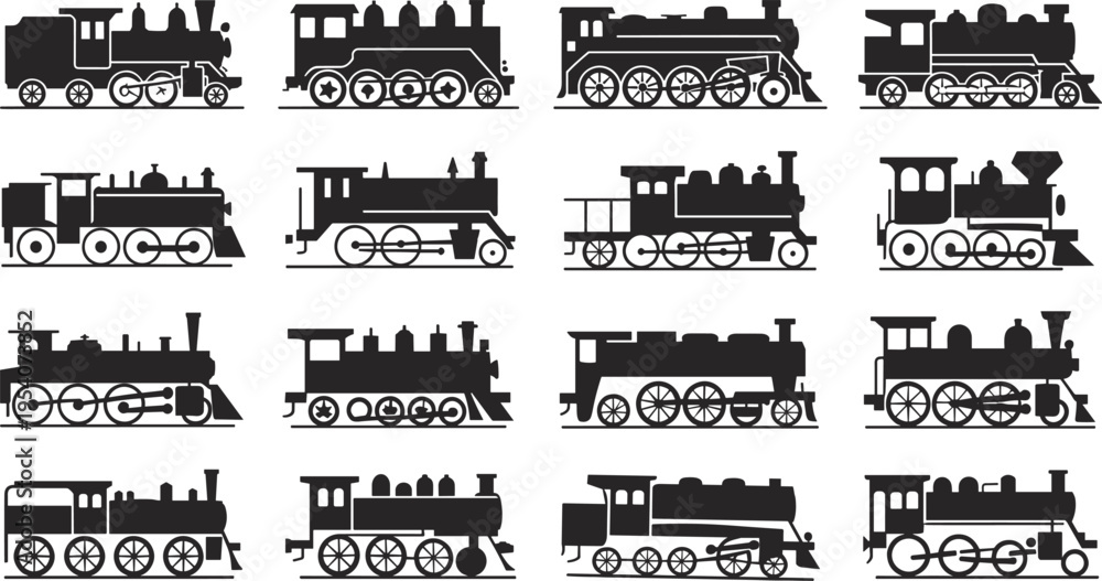 Obraz premium Black silhouette vintage steam engine train locomotive icons set for classic railway transportation vector design elements on white background isolated