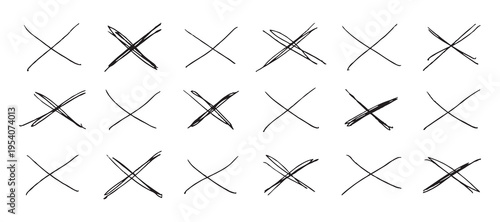 Hand drawn check marks crosses circles and boxes set, sketch style validation icons collection for design, forms, and user interfaces.