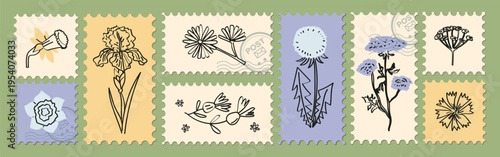 Vintage spring floral postage stamp vector set. Hand drawn botanical ink illustrations on pastel paper stamps with postal marks. Perfect for wedding invitations, aesthetic collage art, scrapbooking 