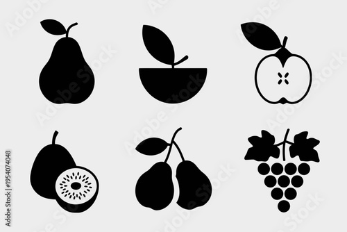 Set of minimalist vector icons featuring various fresh garden fruits including pear and grape bunch isolated on white background, Vector, illustration