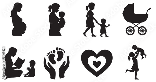Motherhood and baby care silhouette icons, pregnancy, nursing, parenting, maternity health, newborn, vector set, graphic design, marketing, family, childcare, wellness illustration