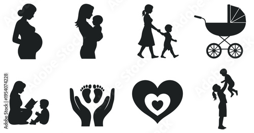 Motherhood and baby care silhouette icon set, pregnancy, nursing, parenting, maternity health, newborn, graphic design, marketing, vector, family, childcare, wellness symbols